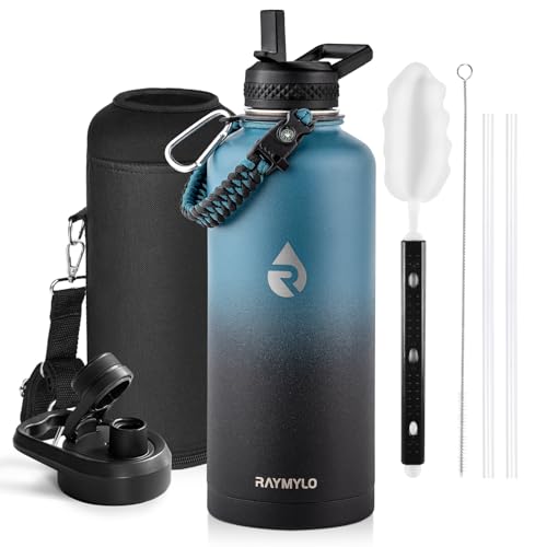 Insulated Water Bottle 64 oz Triple Wall Vacuum Stainless Steel Leak Proof Non-BPA Half Gallon Water Flask Jug with Paracord Handle and Straw Spout Lids